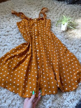 polka dot mini farmhouse super cute dress in orange and white with a button-fron